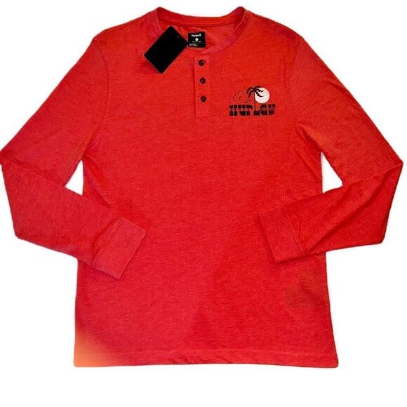 Hurley Long Sleeve Cotton Jersey Beach Icana Logo Henley T-shirt Red Men’s Small - Picture 2 of 16